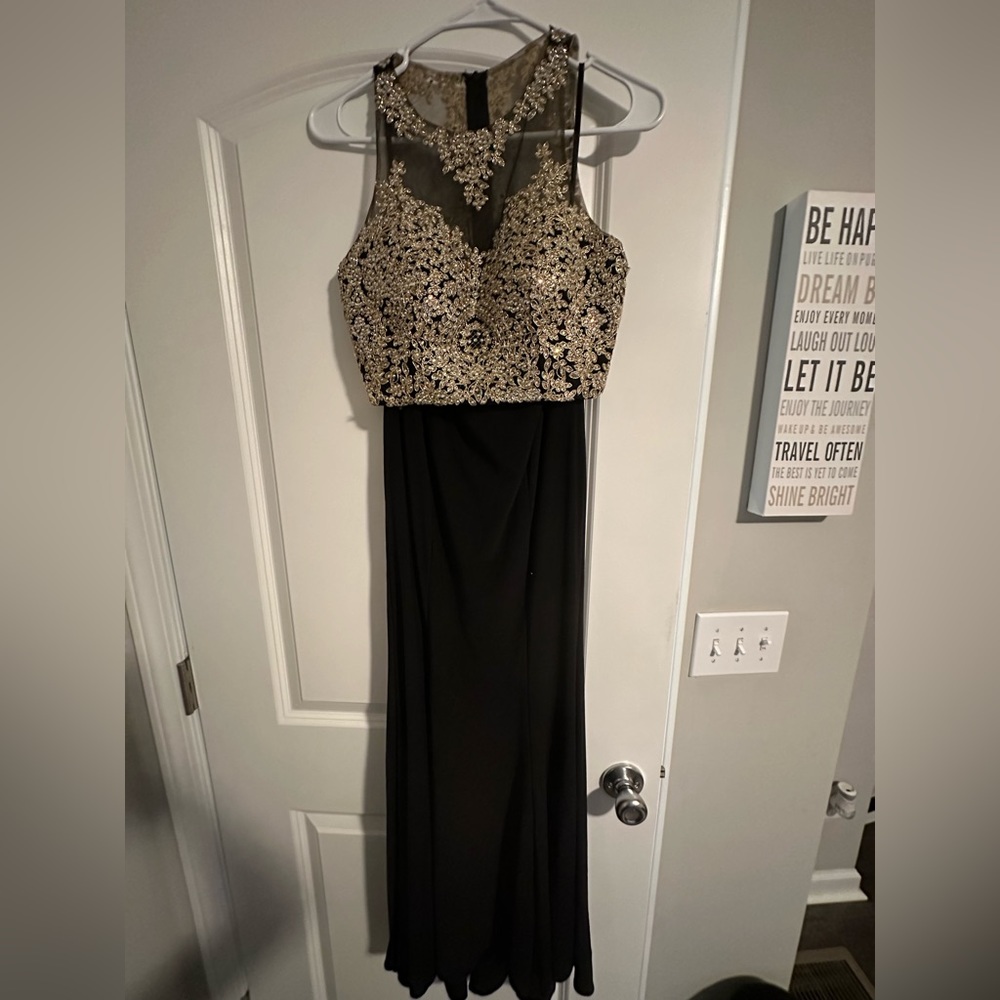 Two piece black and gold prom dress
